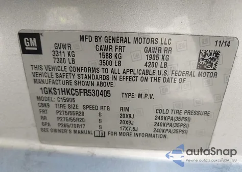 2015 GMC Yukon Xl 1500 Slt z USA, uszkodzony, nr VIN 1GKS1HKC5FR530405